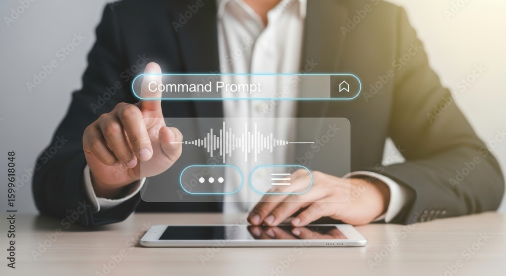 Poster a person using a command prompt interface on a tablet with a finger pointing at the screen