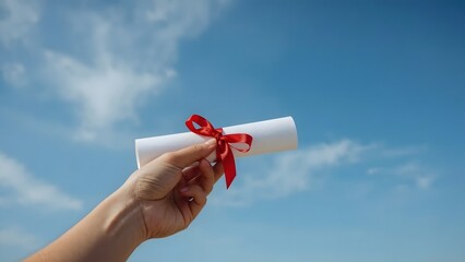 Hand holding a diploma with a red ribbon on a blue sky background