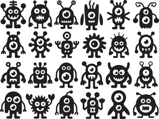 Diverse alien creatures with big eyes and unique body shapes aliens monsters