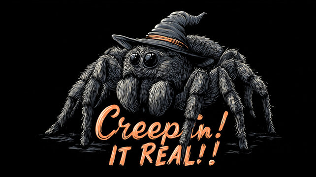 Whimsical illustration of spider wearing witch hat with playful text Creep in It Real on dark background. design combines spooky yet humorous vibe