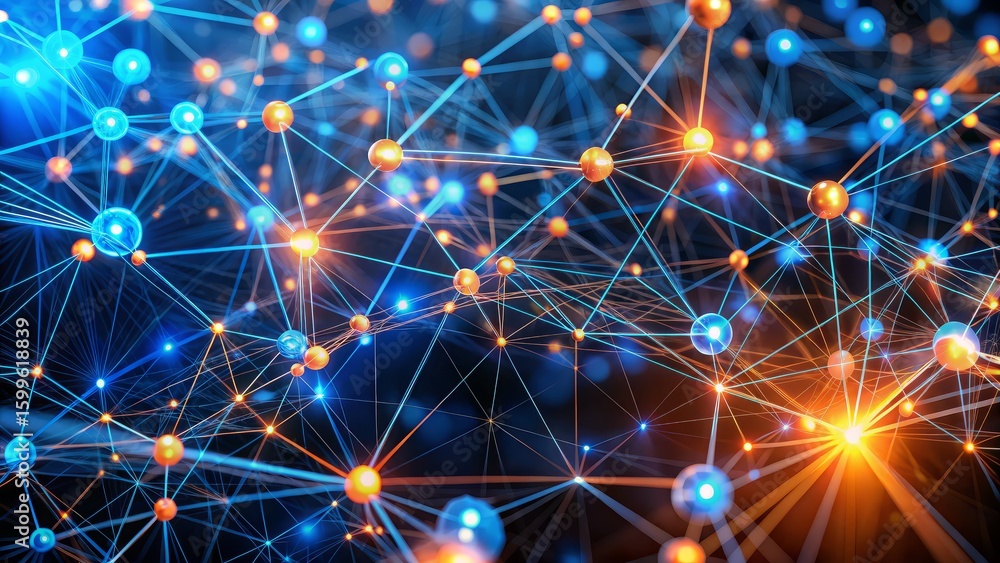 Poster abstract network of glowing nodes and connections in blue and orange floating in space, 32k details 