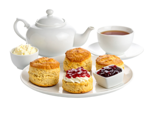 Scones, tea cakes with jam, clotted cream with tea isolated on transparent png