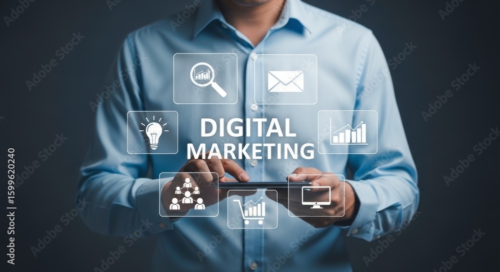 Poster man in blue shirt using mobile device with digital marketing icons displayed on the screen overlayin