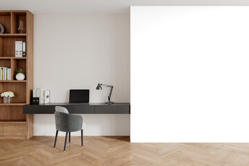 Modern Home Office Desk Setup with Transparent Background – Laptop and Bookshelf in PNG with...