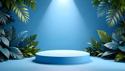 Blue podium with tropical leaves, and spotlight.