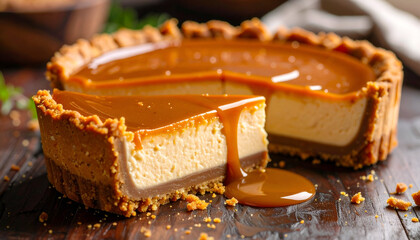 Caramel Cheesecake Slice on Table.