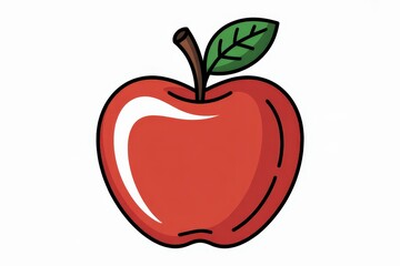A bright red juicy apple with a stem and a single green leaf