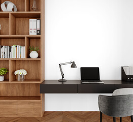Black Desk with Laptop and Bookshelf Close-up – Transparent PNG Interior Scene with Shadow
