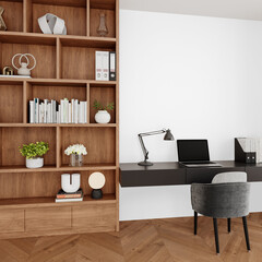 Cozy Home Office with Bookshelf, Laptop, and Chair – Transparent Interior PNG with Shadow