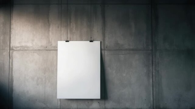 White poster on concrete wall, mockup, blank space. Wall background, empty space, gallery. Urban style, room. Minimalist design.