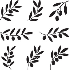 Black olive branches with leaves and fruit silhouette white