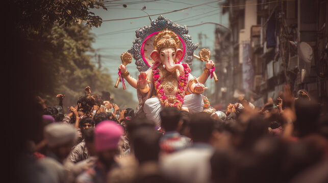 Devotees carrying Lord Ganesha idol for immersion during Anant Chaturdashi, street procession, colorful decorations, natural lighting,