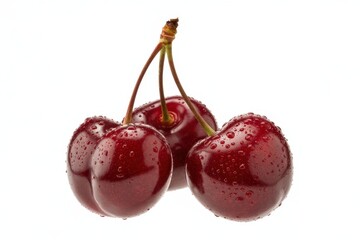 Three ripe dark red cherries with water droplets on a white background