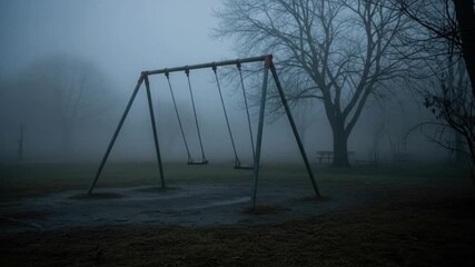 Foggy park scene with empty swing set and bare trees creating a moody atmosphere. Nature, outdoor, and park are highlighted. - Powered by Adobe