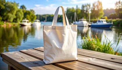 Eco bag on lakeside bench.