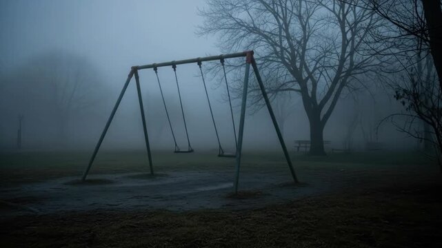 Foggy park scene with empty swing set and bare trees creating a moody atmosphere. Nature, outdoor, and park are highlighted.