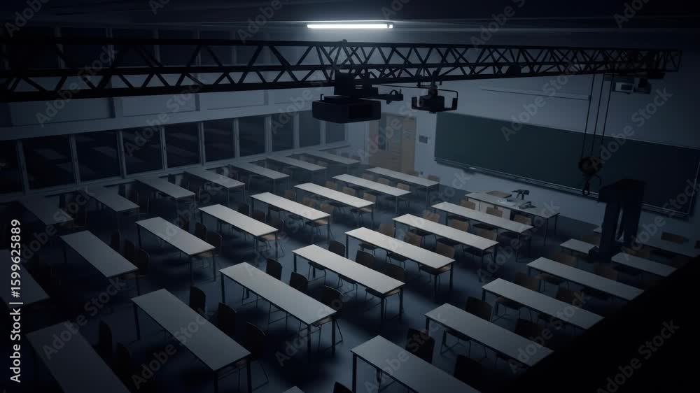 Poster dark classroom with empty desks and blackboard, education space, school interior. study tables in un