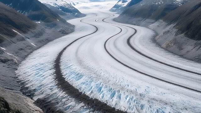 Aerial view of a winding glacier flowing through a mountain valley, showcasing its icy texture.