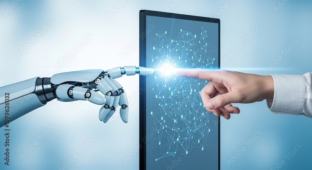 Poster human and robot collaborate touching a digital interface symbolizing future technology and artificia
