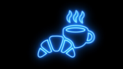 Icon of a cup of coffee and croisant with a glowing neon effect. Modern coffee cup icon.

