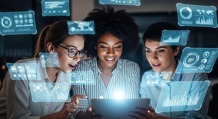 Diverse team collaborating on a digital tablet surrounded by glowing futuristic data visualizations and charts