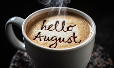 Close-up of a Steaming Mug of Morning Coffee, with "Hello August" Artfully Drawn in the Latte Foam