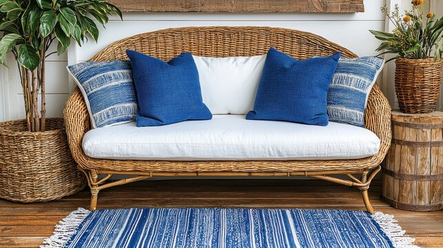 Coastal Chic Rattan Sofa with Blue Accents