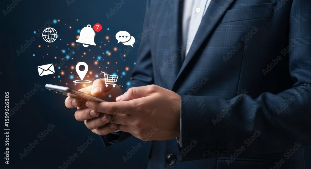Poster a person in a suit holding a phone with various app icons floating above the device screen display