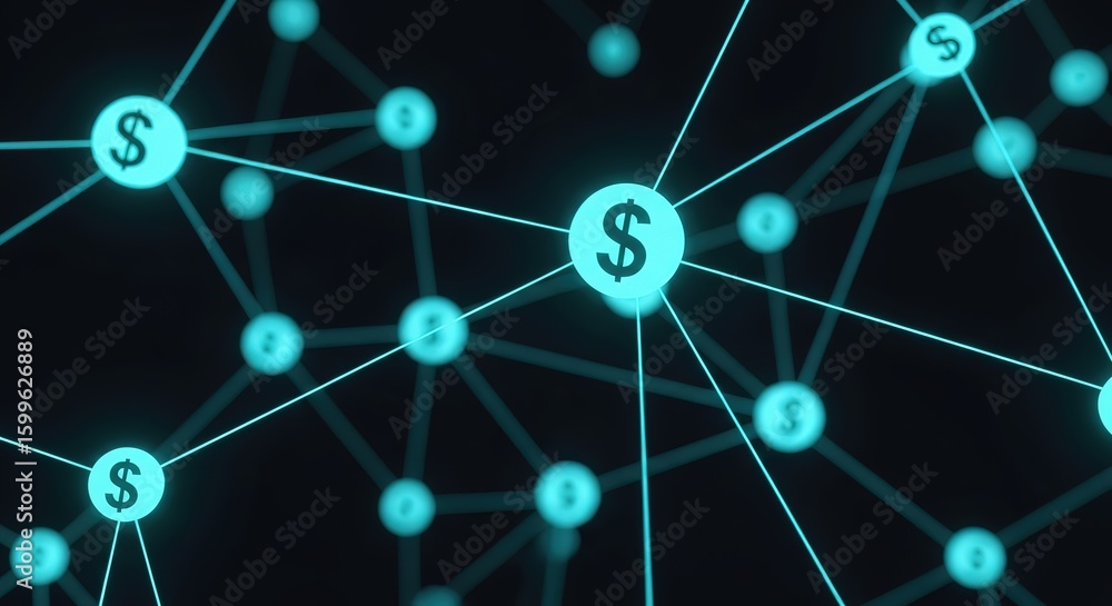 Poster global financial network connecting dollar symbols through a digital web of light