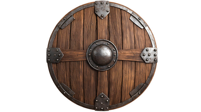 Wooden shield with metal fittings, a medieval defense tool isolated on transparent background