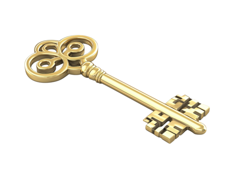 Golden ornate key isolated on transparent background