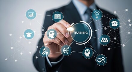 Business professional interacting with a digital network of learning and development icons representing training and growth opportunities