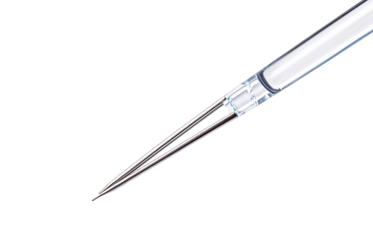 Close up of a scientific pipette tip, with its double shaft made of transparent material and metal tips.