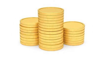 Three Stacks Of Gold Coins With Realistic Metallic Reflections On White Background