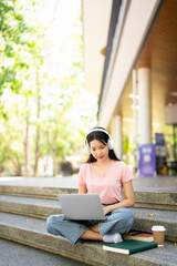 Concept of e-learning, distance study or remote learning concept, Young happy  school girl ,...