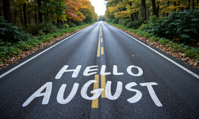 A Shot of a Road with "Hello August" Painted on It, Like the Starting Line of a Race