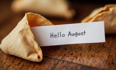 A Close-up of a Fortune Cookie, with the Slip of Paper Inside Reading "Hello August"
