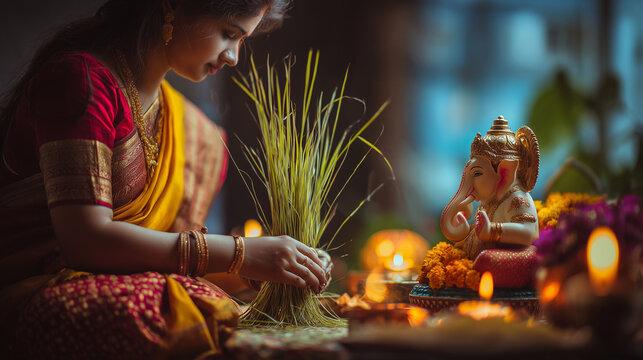  Hindu woman offering durva grass to Lord Ganesha idol at home altar, wearing traditional attire, soft indoor lighting