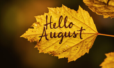 A Close-up of a Single, Golden Leaf with "Hello August" Written on It in Delicate, Shimmering Spider Silk