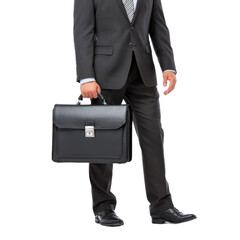 Business professional holding briefcase, well-dressed man in suit and tie, ready for work, clean background, ideal for corporate themes. Isolated on white background or PNG