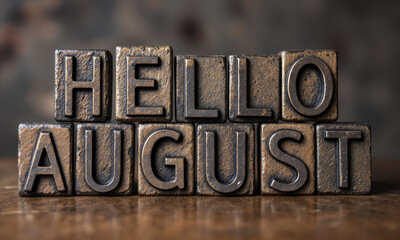 A Still Life of a Set of Old, Wooden Letterpress Blocks Spelling Out "Hello August"