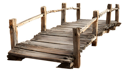 Rustic wooden bridge with weathered planks and timber railings isolated on transparent background