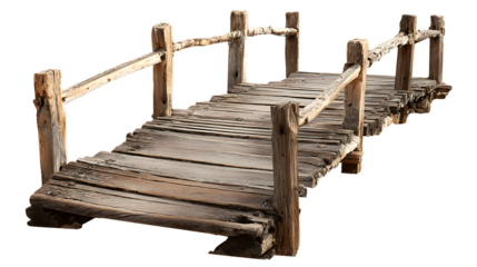 Rustic wooden bridge with weathered planks and timber railings isolated on transparent background