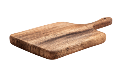 Rustic wooden cutting board with handle isolated on transparent background