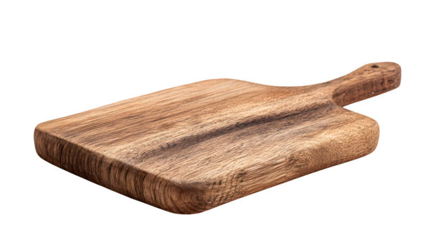 Rustic wooden cutting board with handle isolated on transparent background