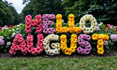 The Words “Hello August” Formed by the Arrangement of Beautiful Colorful Flowers in a Garden