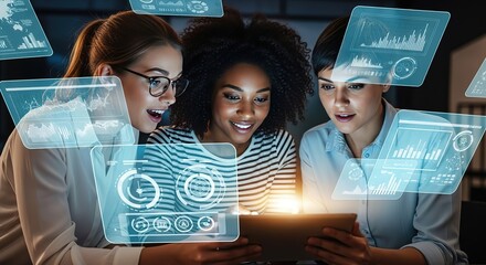 Diverse group of young women excitedly collaborating on a futuristic holographic data interface