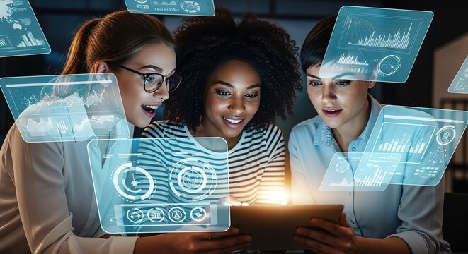 Diverse group of young women excitedly collaborating on a futuristic holographic data interface