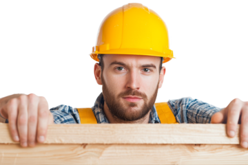 Construction worker holding wooden planks, isolated on a transparent background