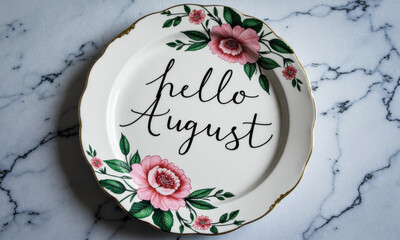 A Still Life of a Beautiful, Hand-Painted Plate with "Hello August" Written on It